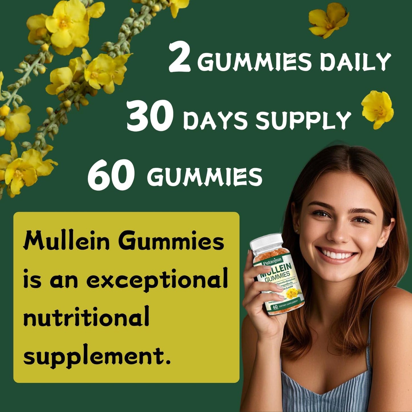 Organic Mango Flavored Mullein Gummies for Lung Health | Vegetarian Mullein Supplements for Immune Support | Non-Sticky Mullein Leaf Extract Gummies - 2 Pack