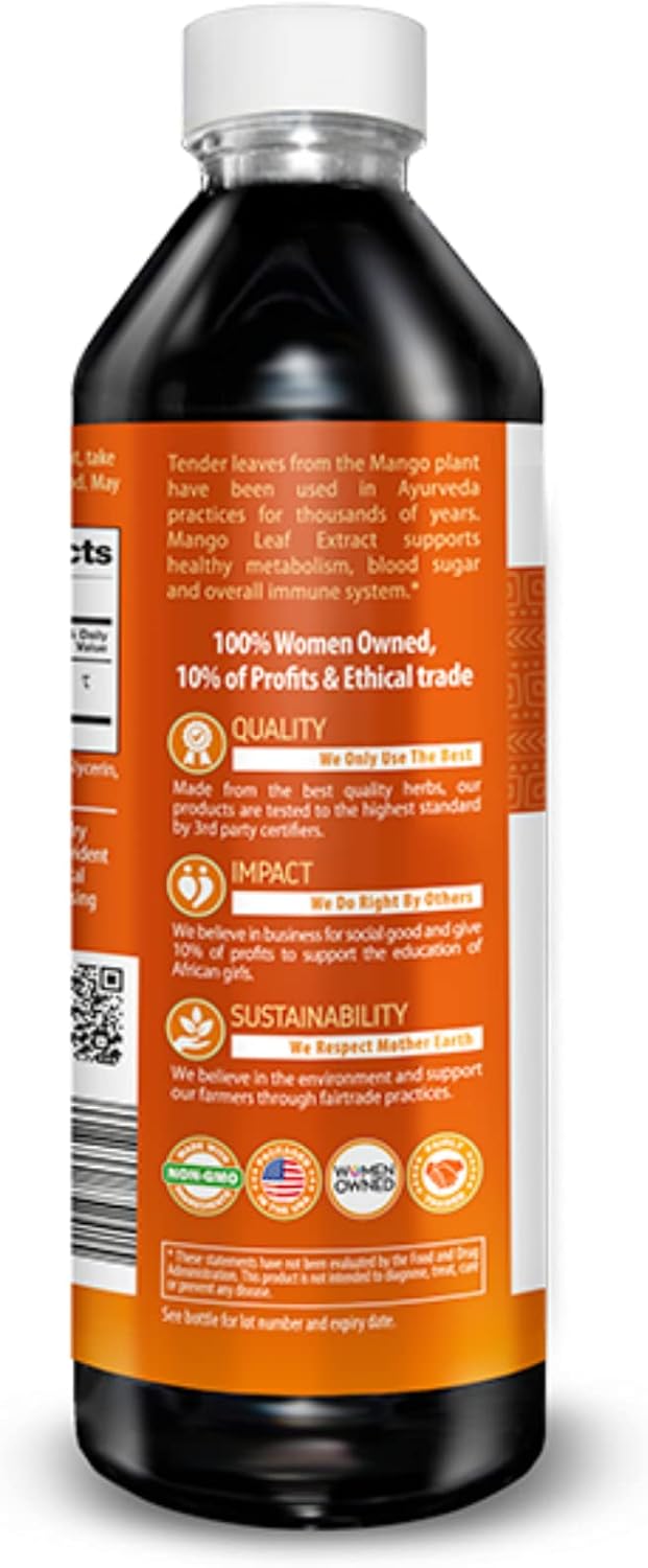 Organic Mango Leaf Extract Liquid - African & Black Mango - Supports Gut, Immunity, Digestion & Wellness - Natural Herbal Supplement - 12oz Bottle