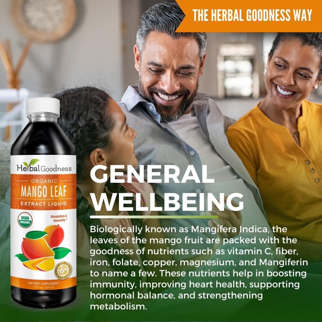 Organic Mango Leaf Extract Liquid - African & Black Mango - Supports Gut, Immunity, Digestion & Wellness - Natural Herbal Supplement - 12oz Bottle