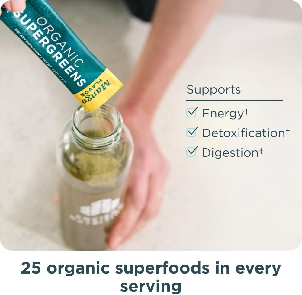 Organic Mango SuperGreens Powder with Probiotics for Digestive Support, Energy Boost, 16 Stick Packs, 4.3oz