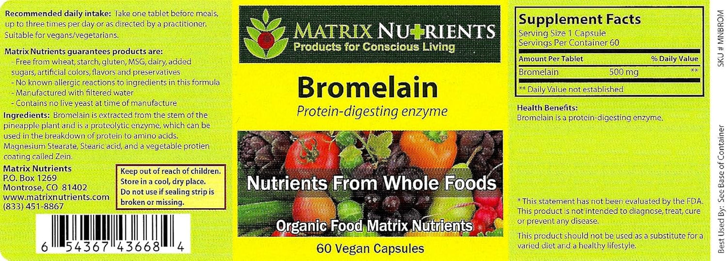 Organic Matrix Nutrients BROMELAIN Capsules - Highly Potent Vegan Enzyme for Improved Digestion (60ct)