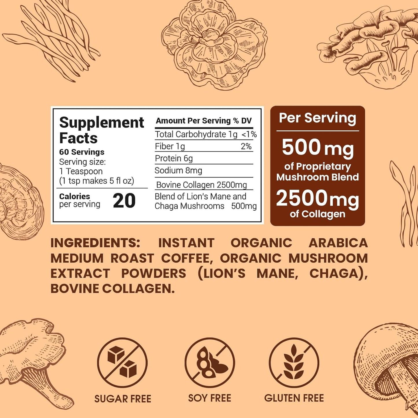 Organic MAX FIT Collagen Mushroom Coffee with Lion’s Mane, Chaga & Collagen - 60 Servings for Mental Focus & Hair, Skin, Nails Health