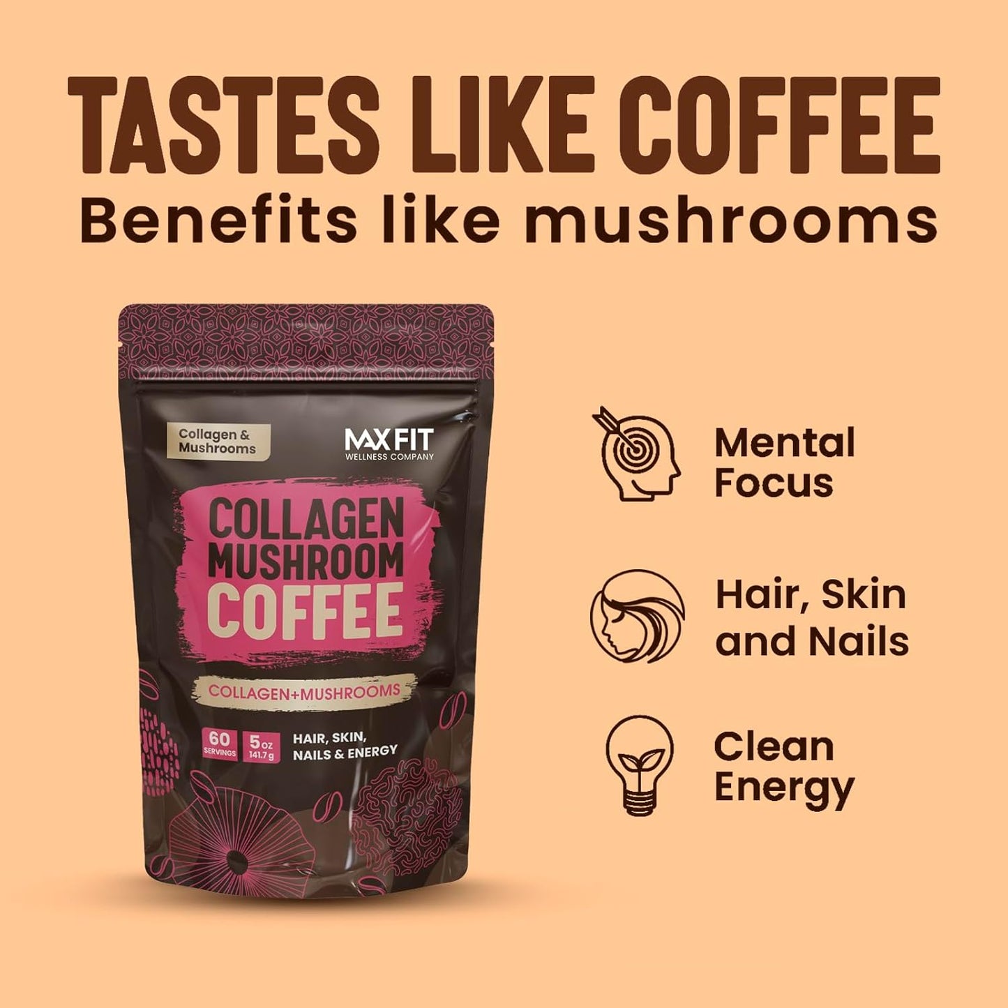 Organic MAX FIT Collagen Mushroom Coffee with Lion’s Mane, Chaga & Collagen - 60 Servings for Mental Focus & Hair, Skin, Nails Health