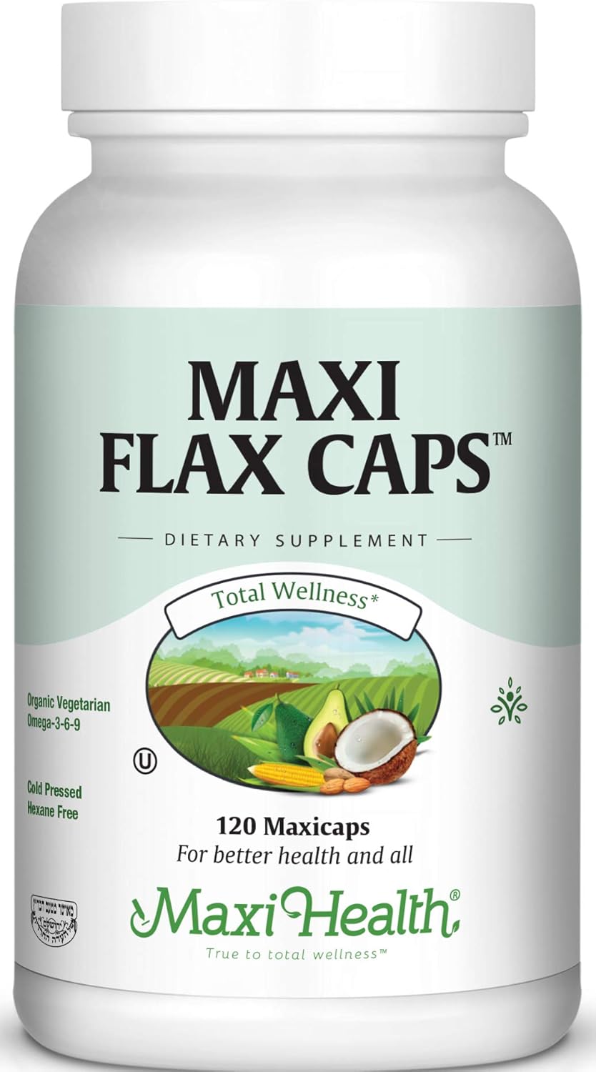 Organic Maxi Flax Capsules - Cold Pressed Flaxseed Oil with Omega 3, 6, 9 - Hexane Free, 700 mg - Kosher, 120 Capsules