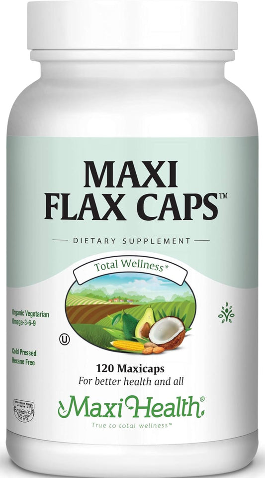 Organic Maxi Flax Capsules - Cold Pressed Flaxseed Oil with Omega 3, 6, 9 - Hexane Free, 700 mg - Kosher, 120 Capsules