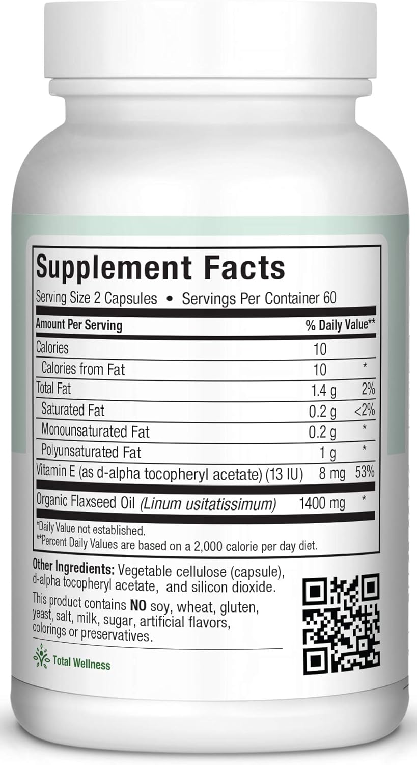 Organic Maxi Flax Capsules - Cold Pressed Flaxseed Oil with Omega 3, 6, 9 - Hexane Free, 700 mg - Kosher, 120 Capsules