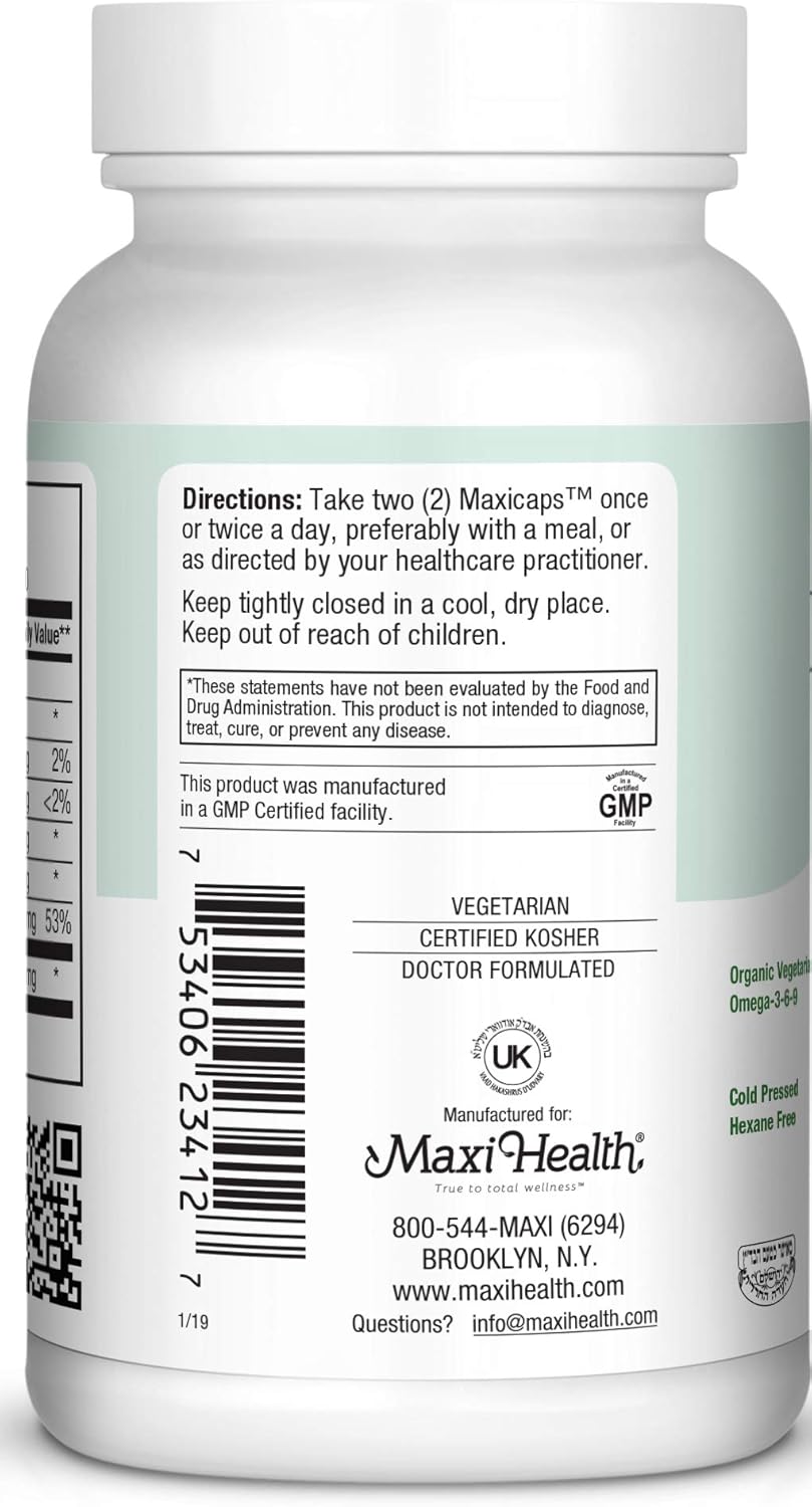 Organic Maxi Flax Capsules - Cold Pressed Flaxseed Oil with Omega 3, 6, 9 - Hexane Free, 700 mg - Kosher, 120 Capsules