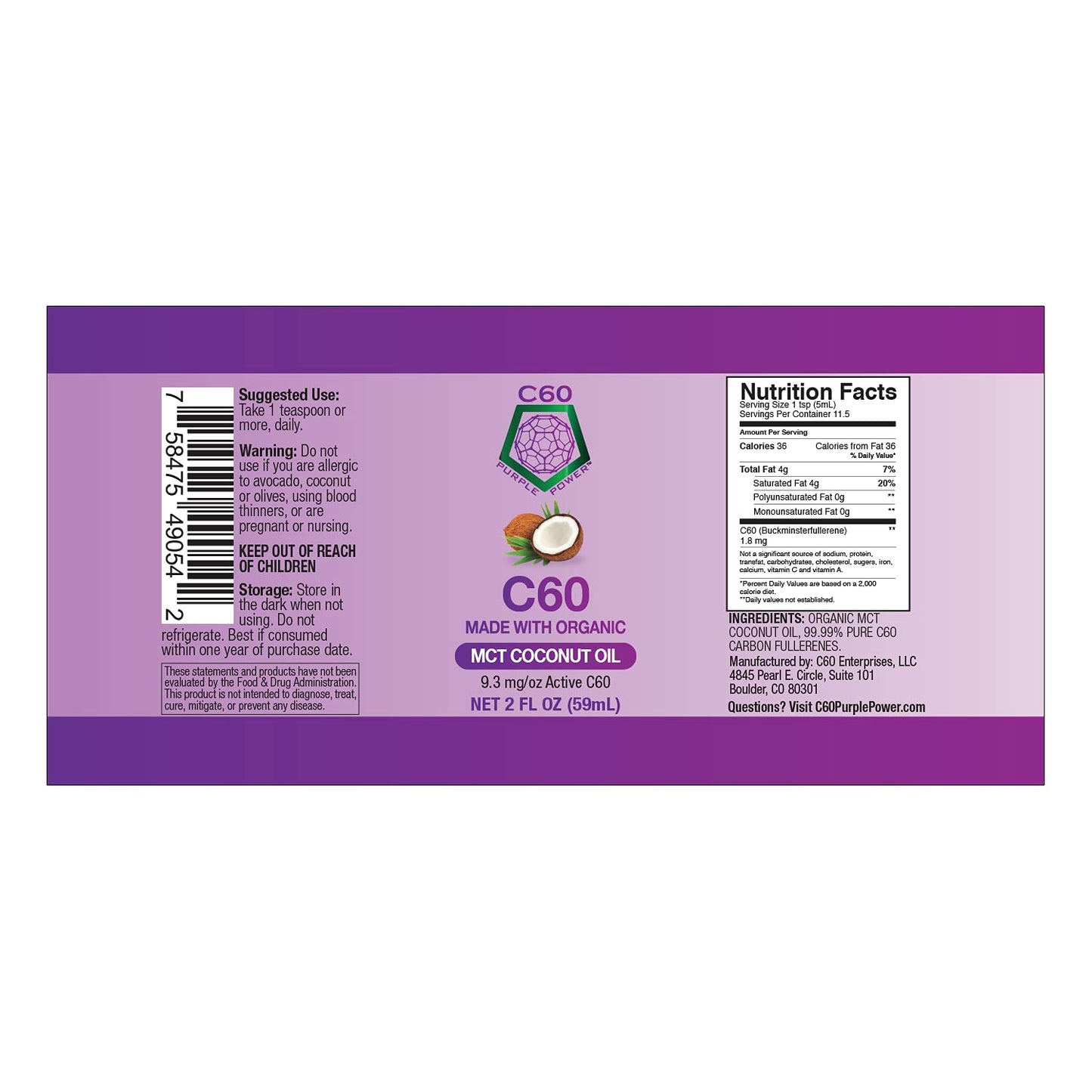 Organic MCT Coconut Oil with 99.99% Pure Carbon Fullerenes - 2 Fl Oz - Enhance Mitochondrial Function and Reduce Oxidative Stress