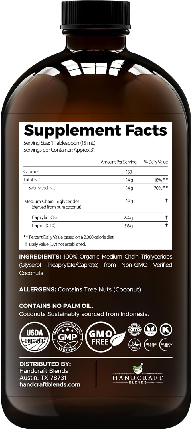Organic MCT Oil 16 fl oz - Handcrafted from Coconuts, Keto-Friendly, Non-GMO, Vegan - Ideal for Beverages, Coffee, Tea