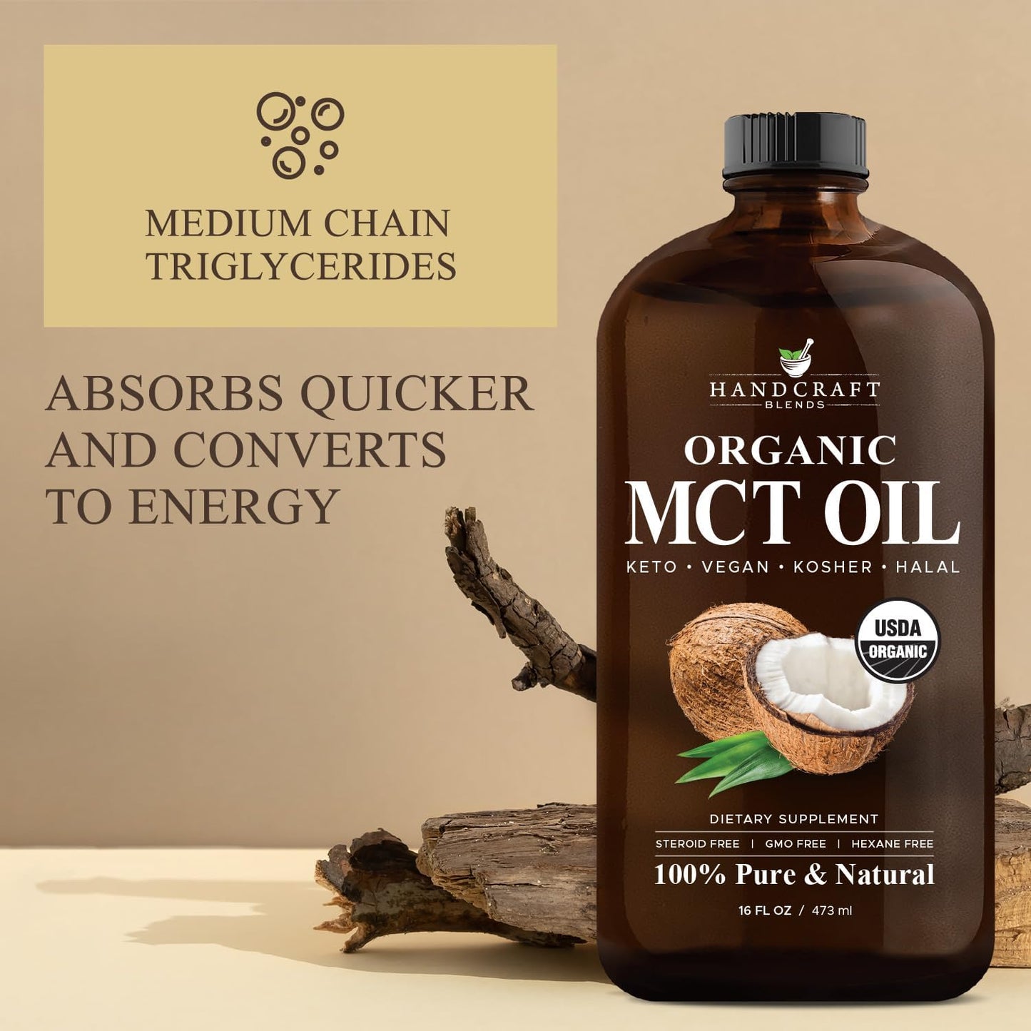 Organic MCT Oil 16 fl oz - Handcrafted from Coconuts, Keto-Friendly, Non-GMO, Vegan - Ideal for Beverages, Coffee, Tea