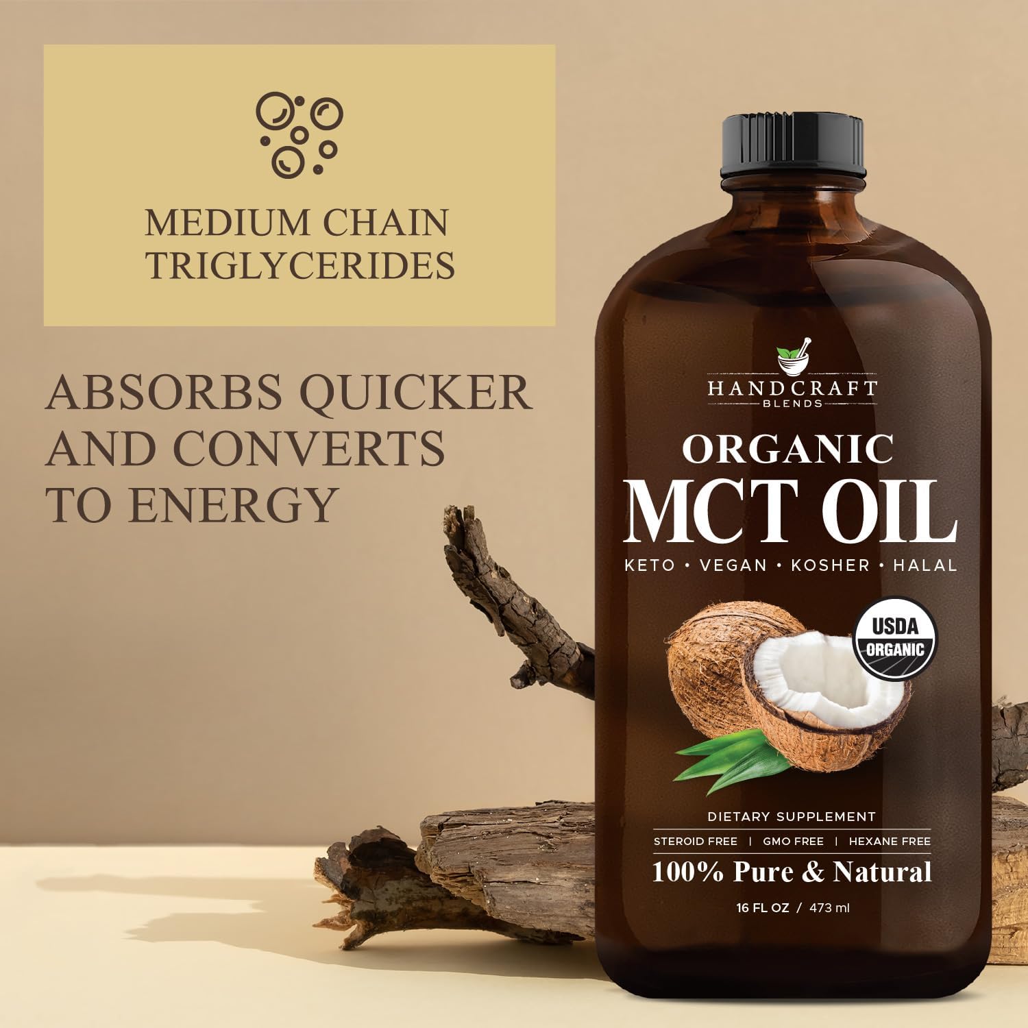 Organic MCT Oil 16 fl oz - Handcrafted from Coconuts, Keto-Friendly, Non-GMO, Vegan - Ideal for Beverages, Coffee, Tea