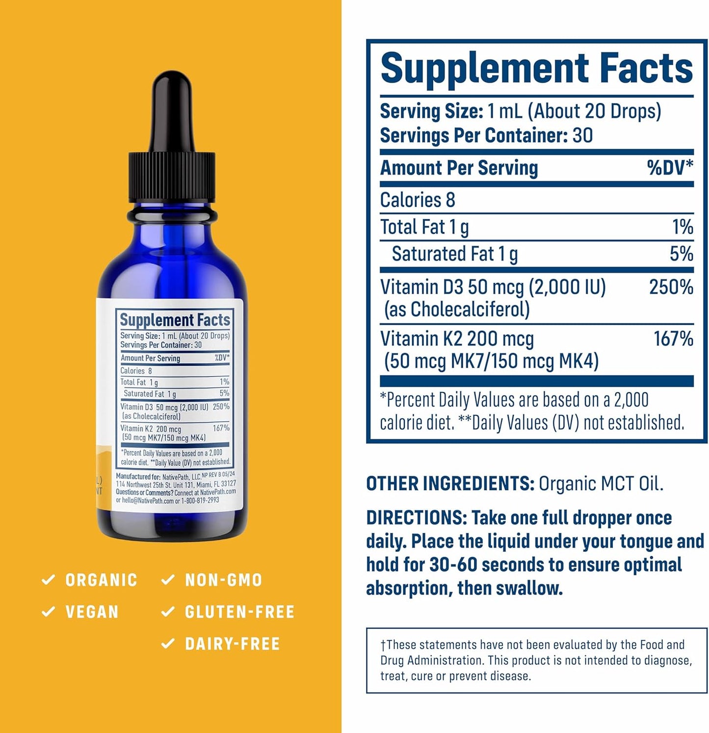 Organic MCT Oil D3K2 Tincture - High Potency Vitamin D3 and K2 Supplement for Bone Health - 1 fl oz Bottle - 30 Servings