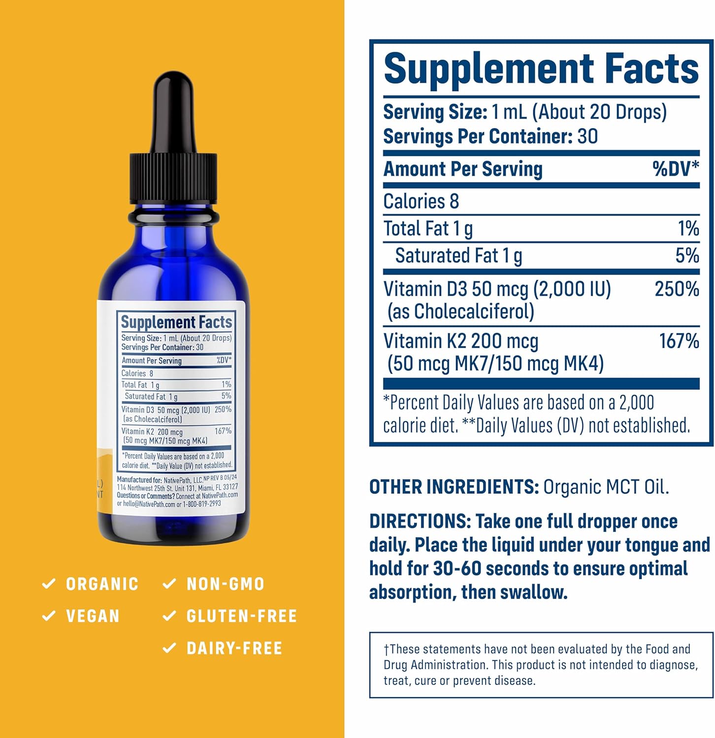 Organic MCT Oil D3K2 Tincture - High Potency Vitamin D3 and K2 Supplement for Bone Health - 1 fl oz Bottle - 30 Servings