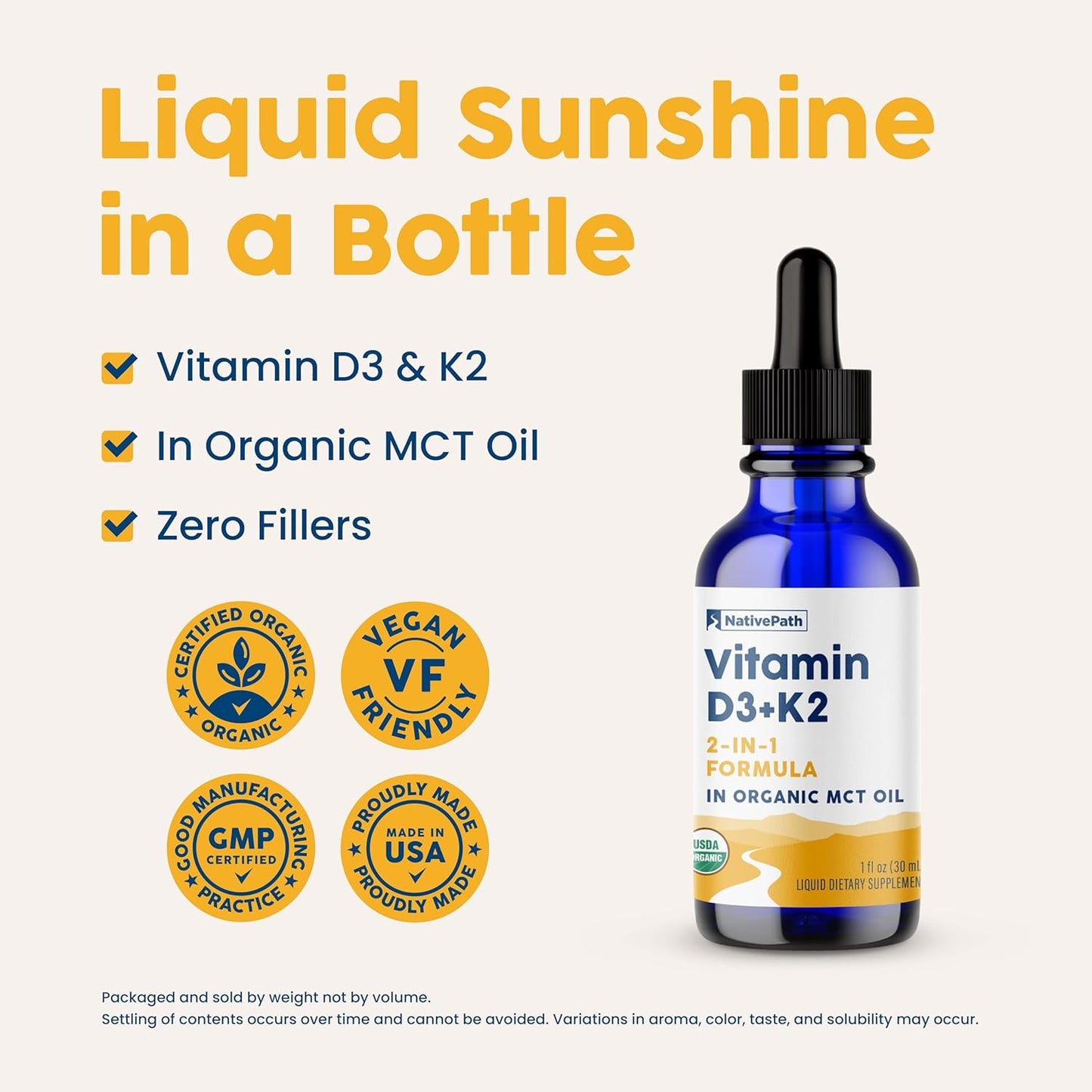 Organic MCT Oil D3K2 Tincture - High Potency Vitamin D3 and K2 Supplement for Bone Health - 1 fl oz Bottle - 30 Servings