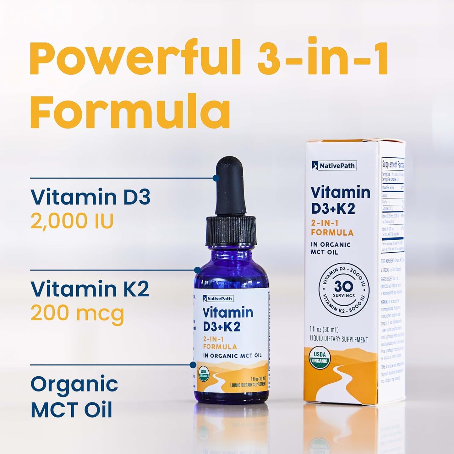 Organic MCT Oil D3K2 Tincture - High Potency Vitamin D3 and K2 Supplement for Bone Health - 1 fl oz Bottle - 30 Servings