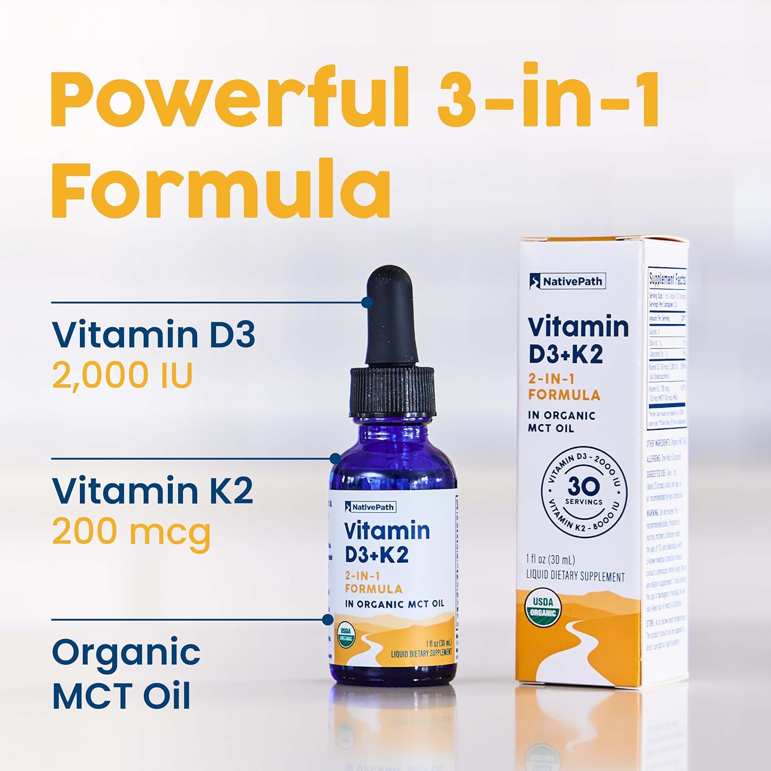 Organic MCT Oil D3K2 Tincture - High Potency Vitamin D3 and K2 Supplement for Bone Health - 1 fl oz Bottle - 30 Servings