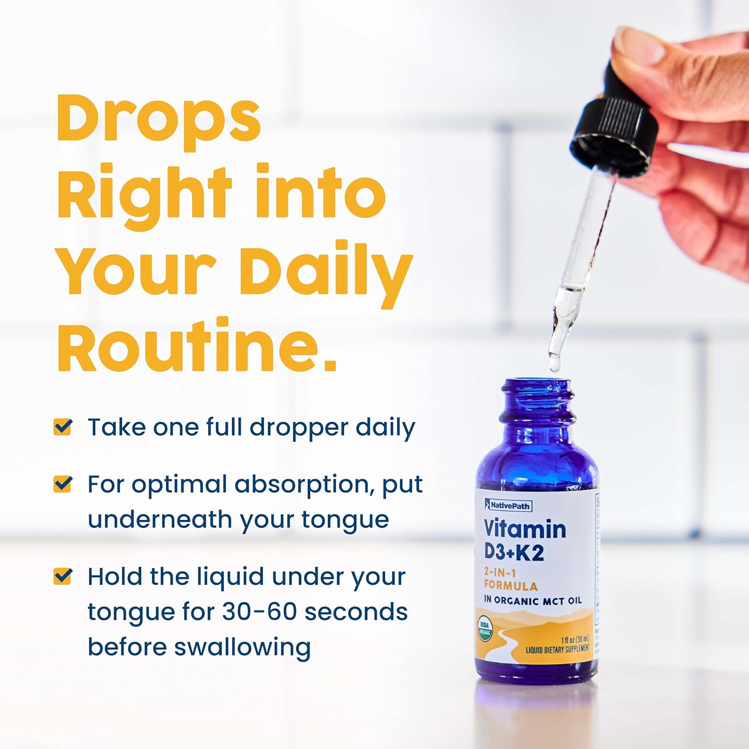 Organic MCT Oil D3K2 Tincture - High Potency Vitamin D3 and K2 Supplement for Bone Health - 1 fl oz Bottle - 30 Servings