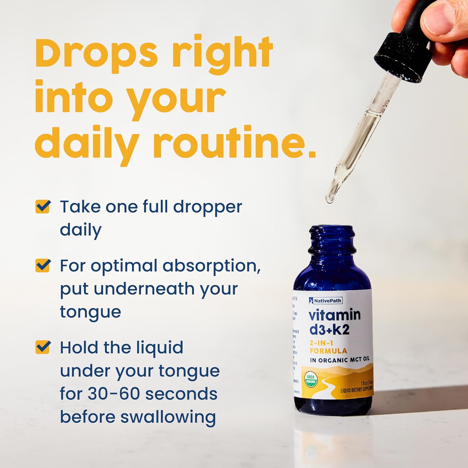 Organic MCT Oil D3K2 Tincture - High Potency Vitamin D3 and K2 Supplement for Bone Health - 1 fl oz Bottle - 30 Servings