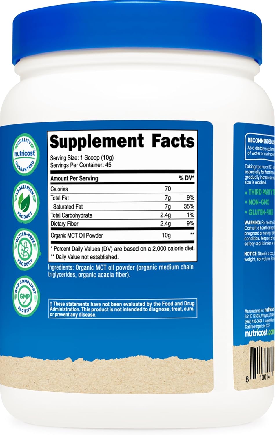 Organic MCT Oil Powder 1 LB - Certified USDA Organic, Ideal for Keto & Ketogenic Diets - Zero Net Carbs