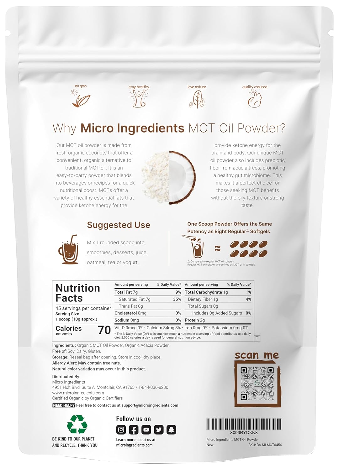 Organic MCT Oil Powder with Prebiotic Fiber, 1lb - Fuel for Body & Brain, C8 MCT Oil Coffee Creamer - No GMOs, Keto & Vegan - Micro Ingredients