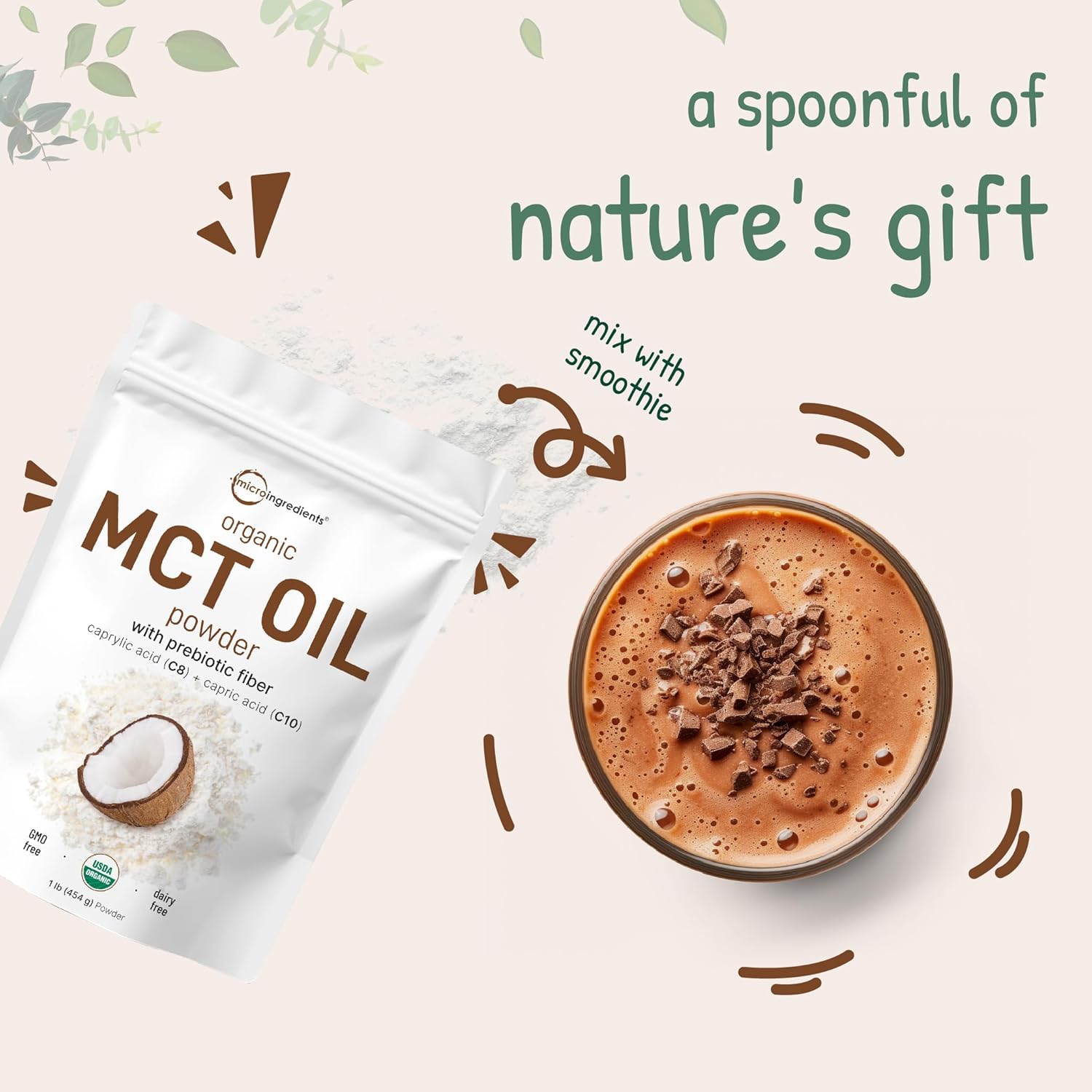 Organic MCT Oil Powder with Prebiotic Fiber, 1lb - Fuel for Body & Brain, C8 MCT Oil Coffee Creamer - No GMOs, Keto & Vegan - Micro Ingredients