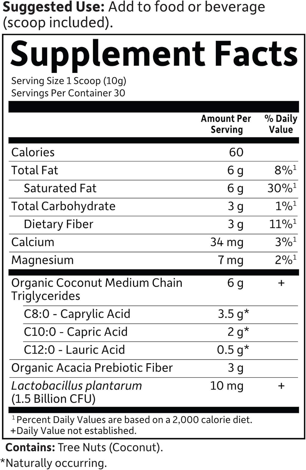 Organic MCT Powder with Probiotics & Fiber - 30 Servings, 6g MCTs from Coconuts, Certified Organic & Vegan