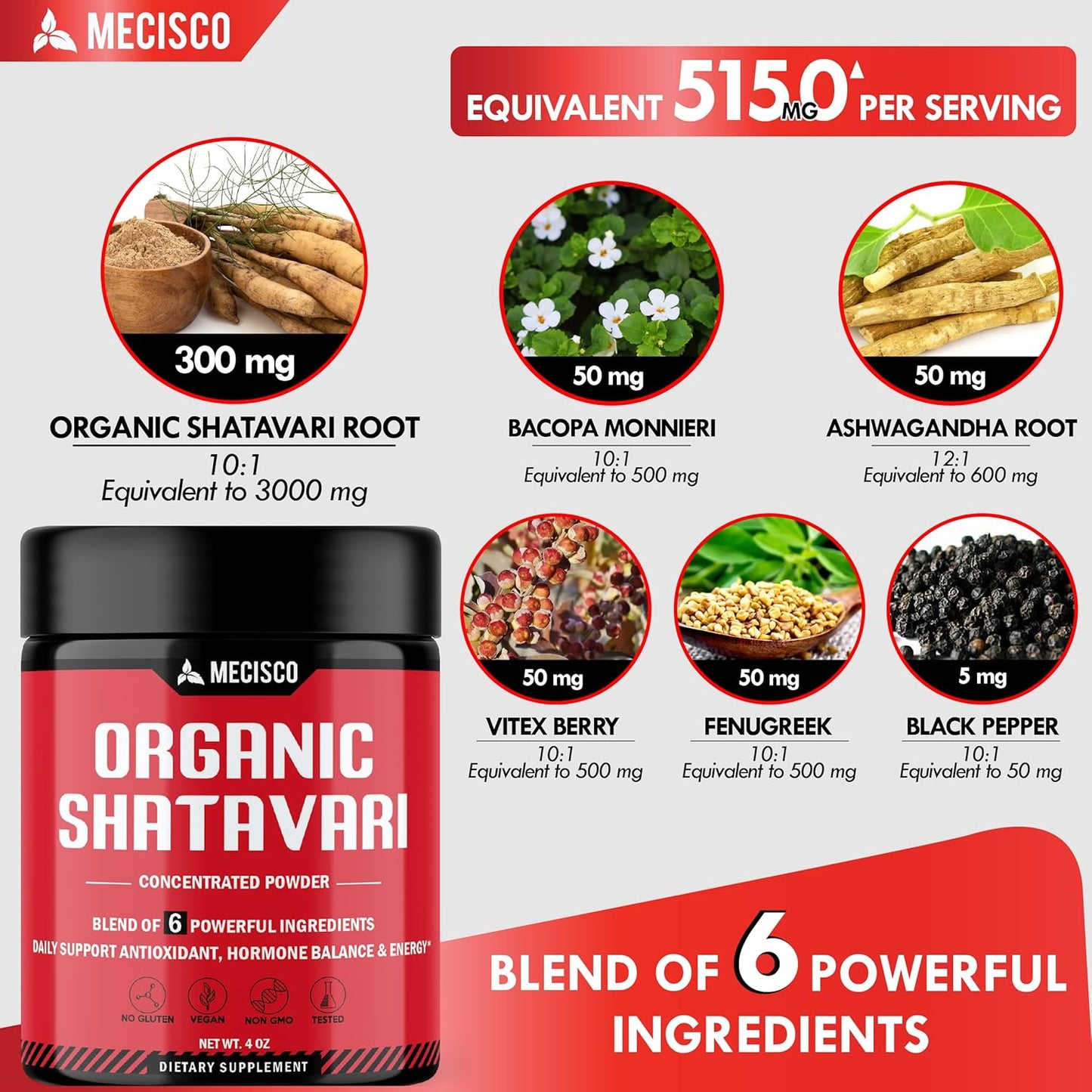 Organic Mecisco 6in1 Shatavari Powder Blend - With Ashwagandha, Bacopa Monnieri, Vitex Berry, Fenugreek, Black Pepper - Promotes Rejuvenation, Energy, Vitality - 4 Oz