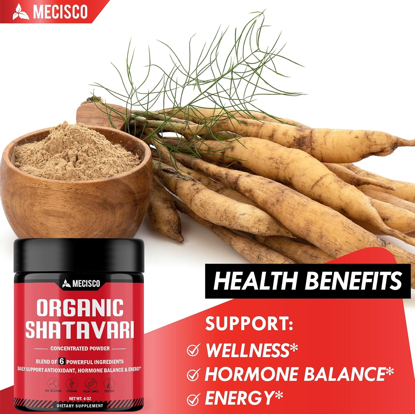 Organic Mecisco 6in1 Shatavari Powder Blend - With Ashwagandha, Bacopa Monnieri, Vitex Berry, Fenugreek, Black Pepper - Promotes Rejuvenation, Energy, Vitality - 4 Oz