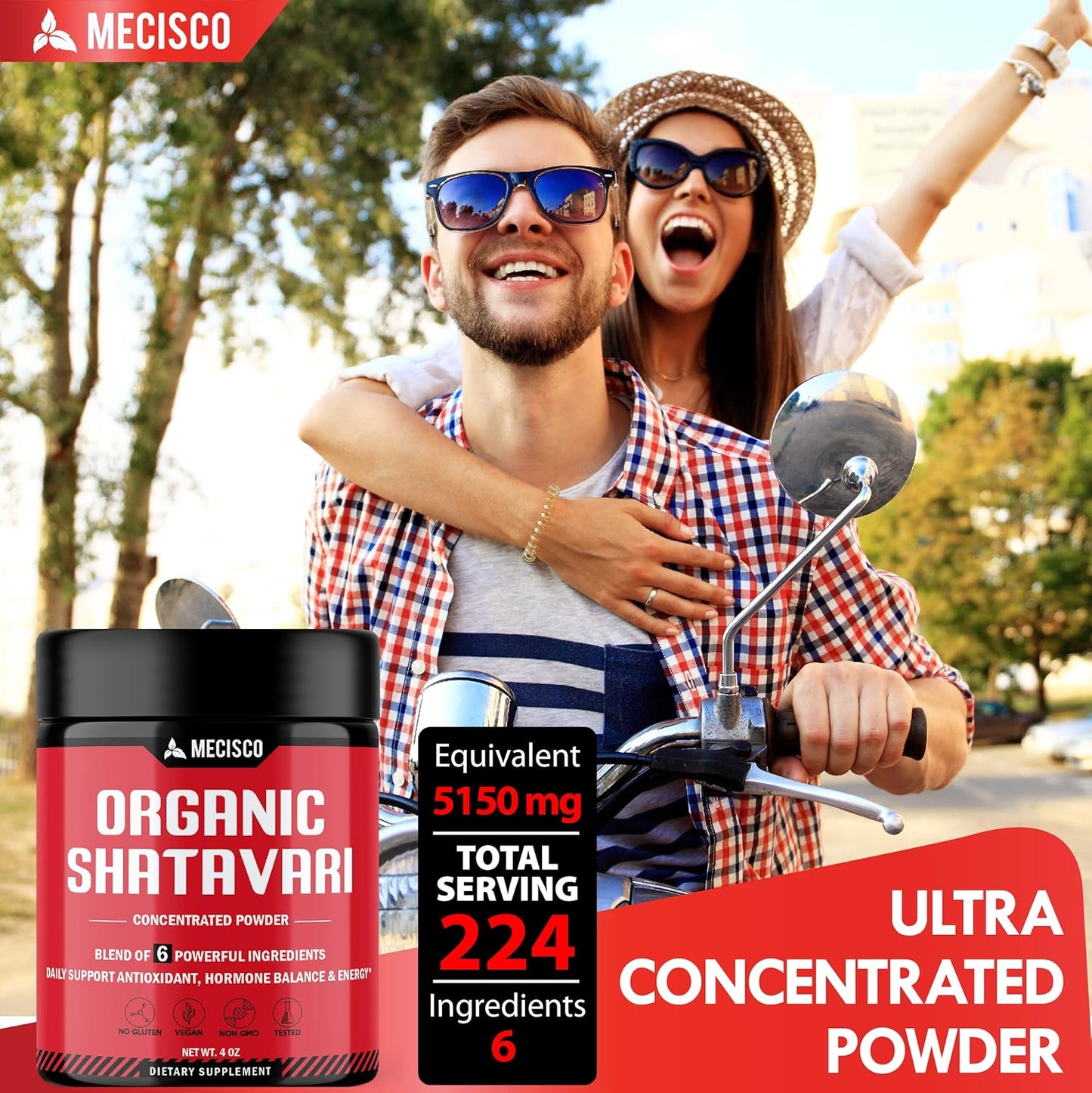 Organic Mecisco 6in1 Shatavari Powder Blend - With Ashwagandha, Bacopa Monnieri, Vitex Berry, Fenugreek, Black Pepper - Promotes Rejuvenation, Energy, Vitality - 4 Oz
