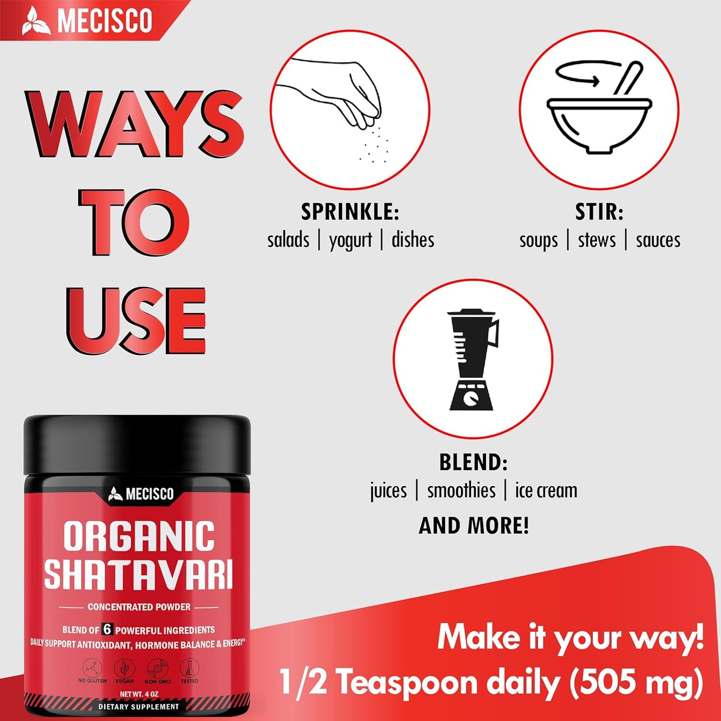 Organic Mecisco 6in1 Shatavari Powder Blend - With Ashwagandha, Bacopa Monnieri, Vitex Berry, Fenugreek, Black Pepper - Promotes Rejuvenation, Energy, Vitality - 4 Oz