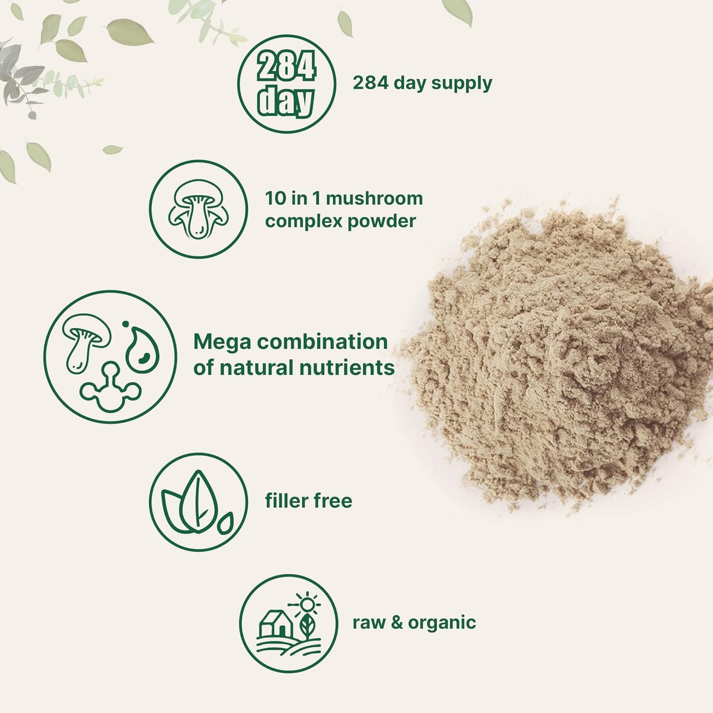 Organic Mega Mushroom 10 in 1 Complex Formula Powder - Immune System Booster - 10oz - Filler Free - Vegan - Chaga, Lions Mane, Cordyceps, Reishi & More