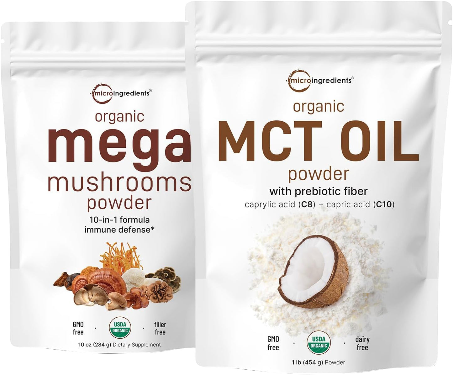 Organic Mega Mushroom Powder & MCT Oil Powder Bundle - 10oz & 1lb | 10 in 1 Mushroom Complex with C8 MCT Oil & Plant-Based Creamer Pack of 2