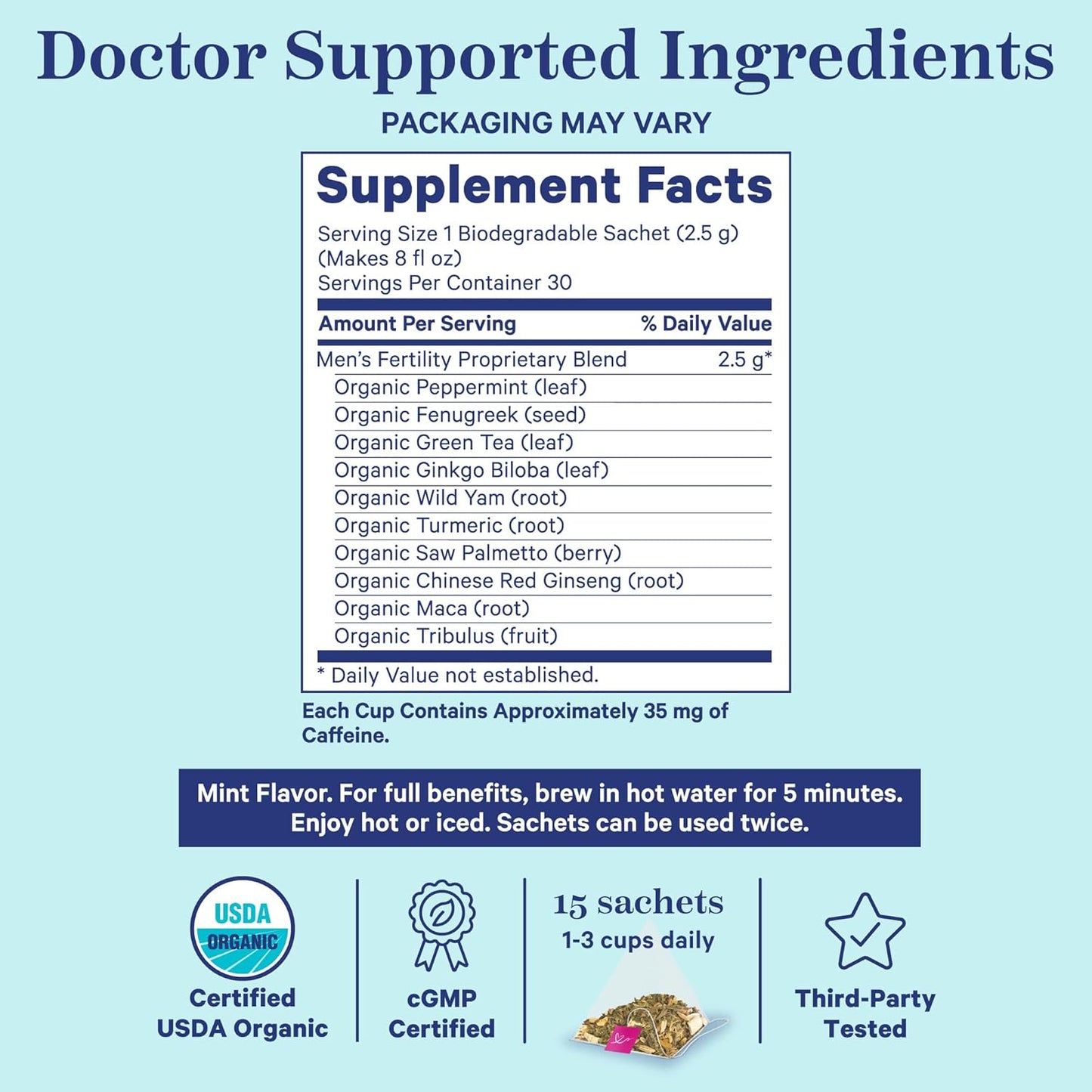 Organic Men's Fertility Tea with Green Tea, Maca Root, and Ginkgo Biloba - Mint Flavored, 15 Sachets