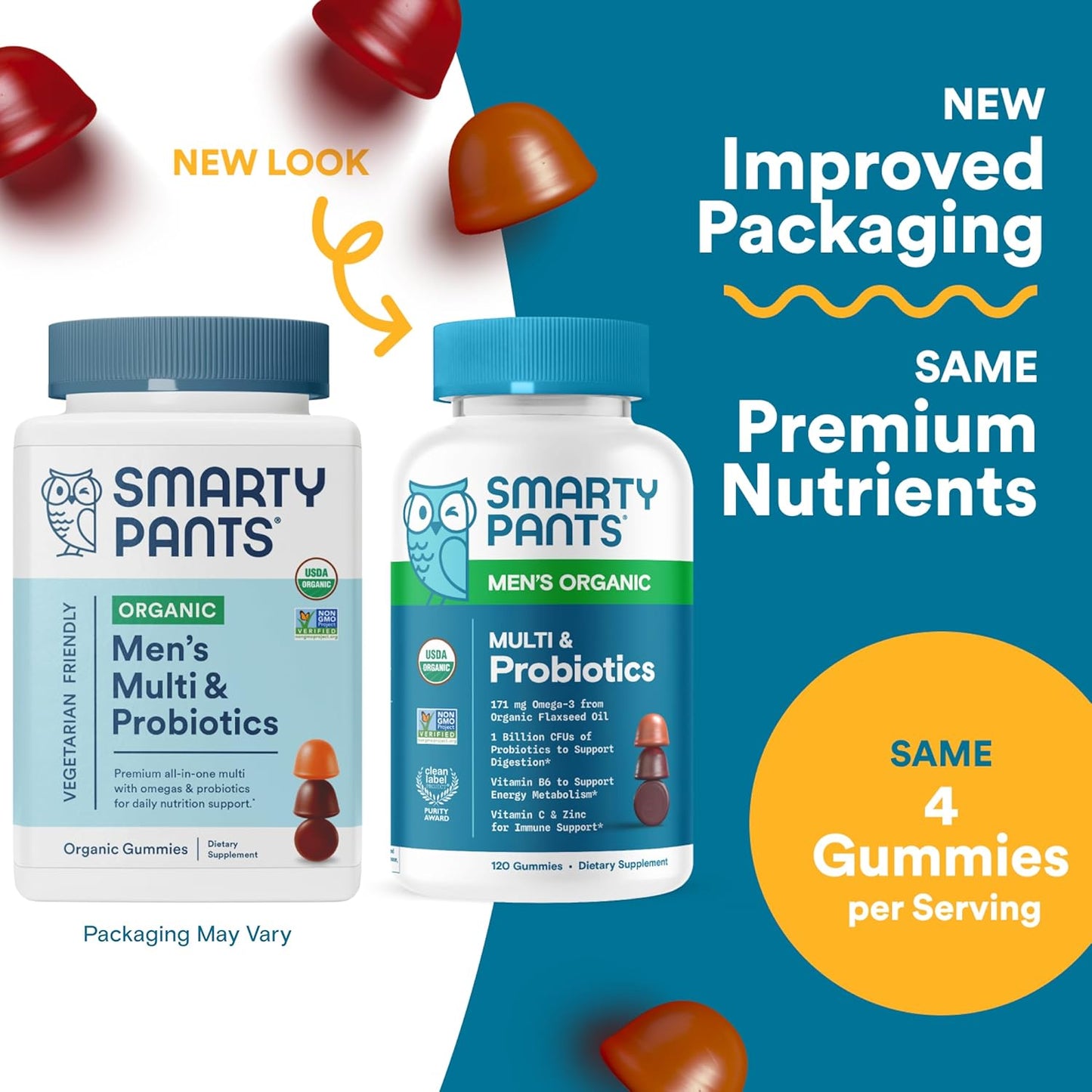 Organic Men's Multivitamin Gummies with Probiotics, CoQ10, Omega 3, Vitamin D3, B12, Immune Support & Biotin, 120 Gummies
