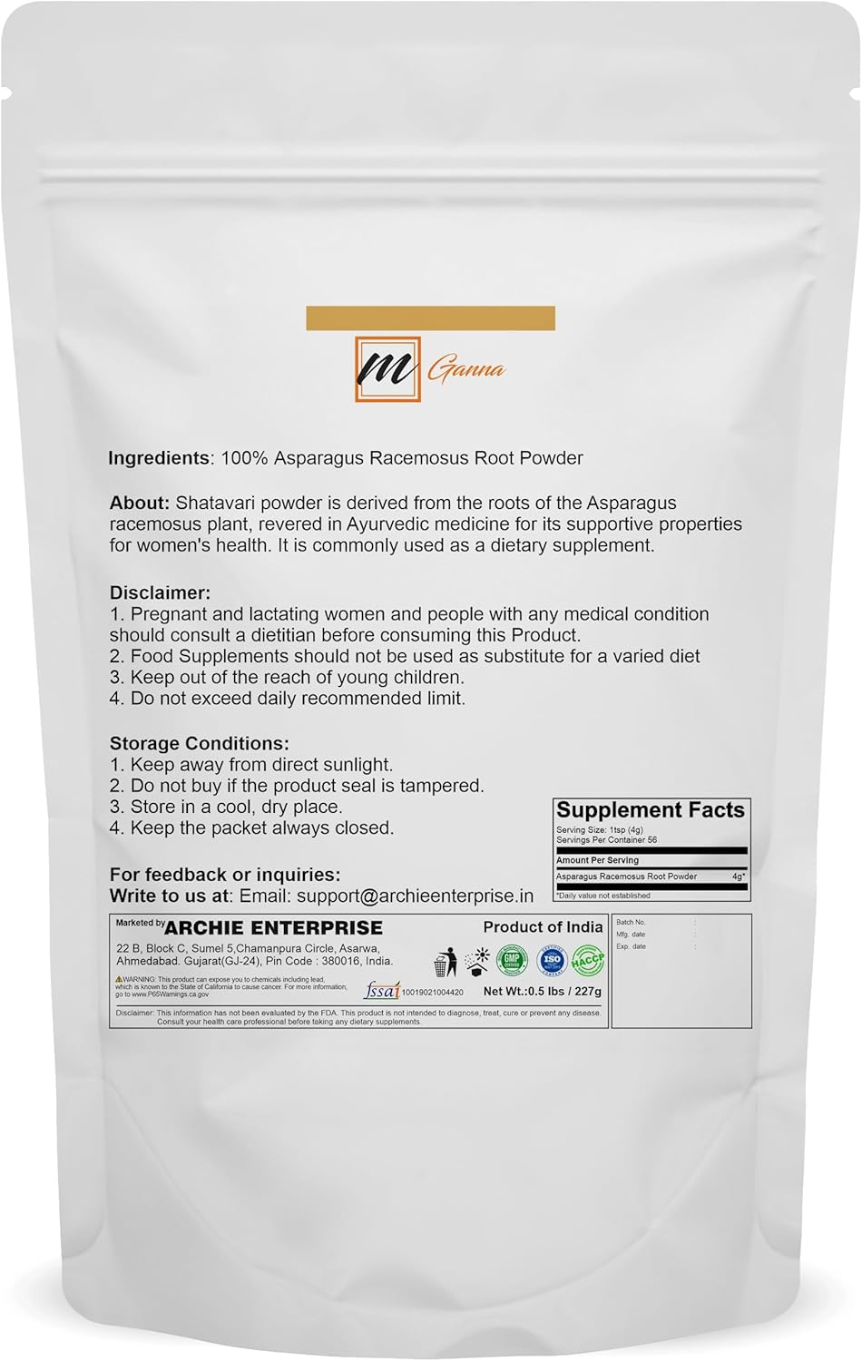 Organic mGanna Shatavari Powder for Healthy Skin, Hair, and Wellness - 0.5 lbs / 227 g