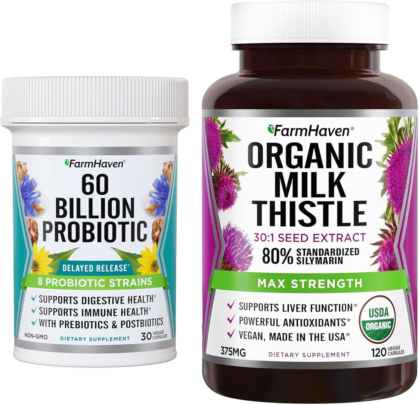 Organic Milk Thistle Capsules with 60 Billion CFU Probiotic for Gut Health and Liver Support