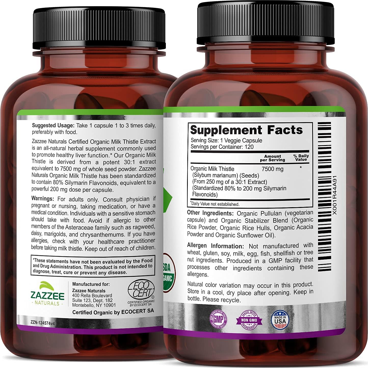 Organic Milk Thistle Extract 30:1, 7500mg, 120 Capsules, 80% Silymarin, Standardized 30X, Non-GMO