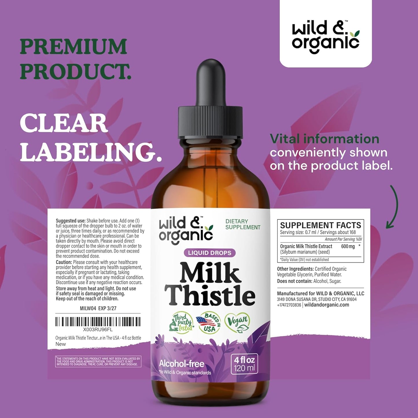Organic Milk Thistle Liquid Drops for Liver Cleanse - Silymarin Supplement for Liver Support - Vegan, Sugar & Alcohol-Free - 4 fl oz