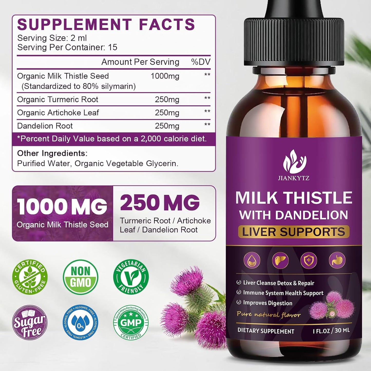 Organic Milk Thistle Liver Cleanse Detox Drops with Artichoke, Dandelion & Turmeric - 2 Pack, Vegan & Non-GMO - 1 Fl Oz