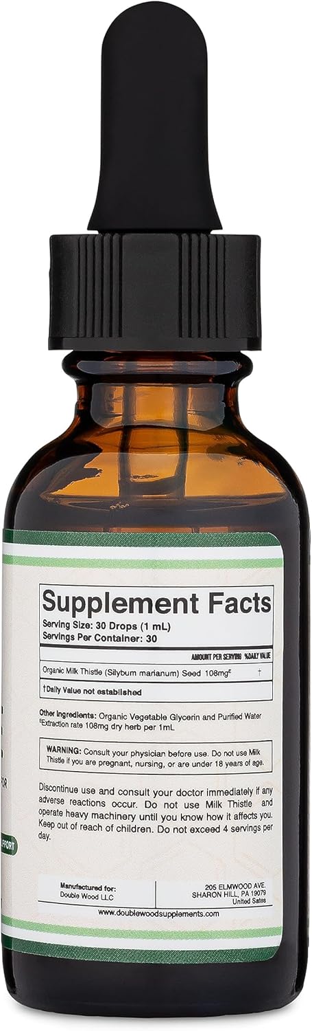 Organic Milk Thistle Liver Detox Drops - Vegan-Friendly Supplement by Double Wood - 1 FL OZ - Non-GMO & Gluten Free - 30 Servings