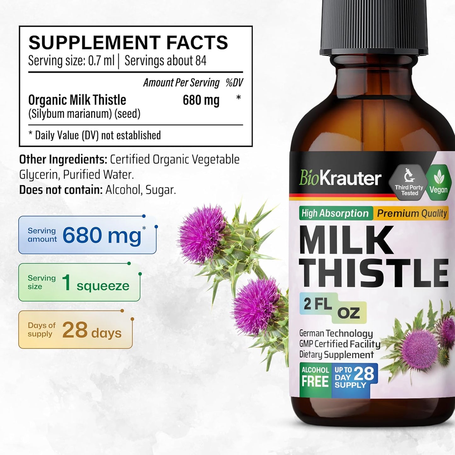 Organic Milk Thistle Liver Support Drops - Silymarin Supplement for Liver Cleanse - Alcohol & Sugar Free Tincture - 2 Fl. Oz.