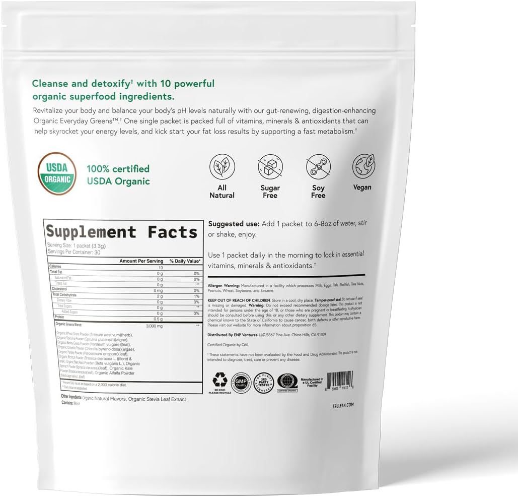 Organic Mint Apple Greens Powder Supplement - Vegan Superfood with Spirulina, Wheat Grass, Chlorella - Gluten Free, Zero Sugar - 30 Packets