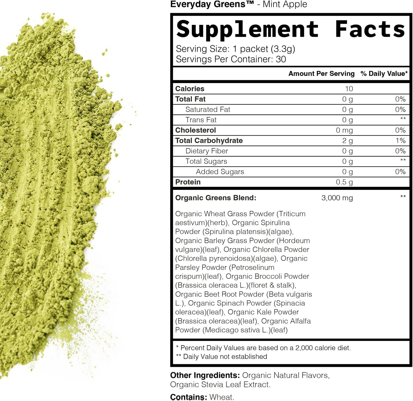 Organic Mint Apple Greens Powder Supplement - Vegan Superfood with Spirulina, Wheat Grass, Chlorella - Gluten Free, Zero Sugar - 30 Packets