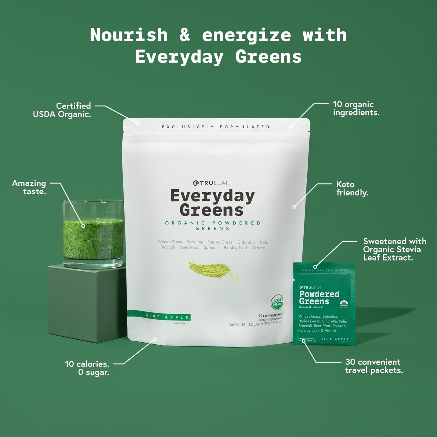 Organic Mint Apple Greens Powder Supplement - Vegan Superfood with Spirulina, Wheat Grass, Chlorella - Gluten Free, Zero Sugar - 30 Packets