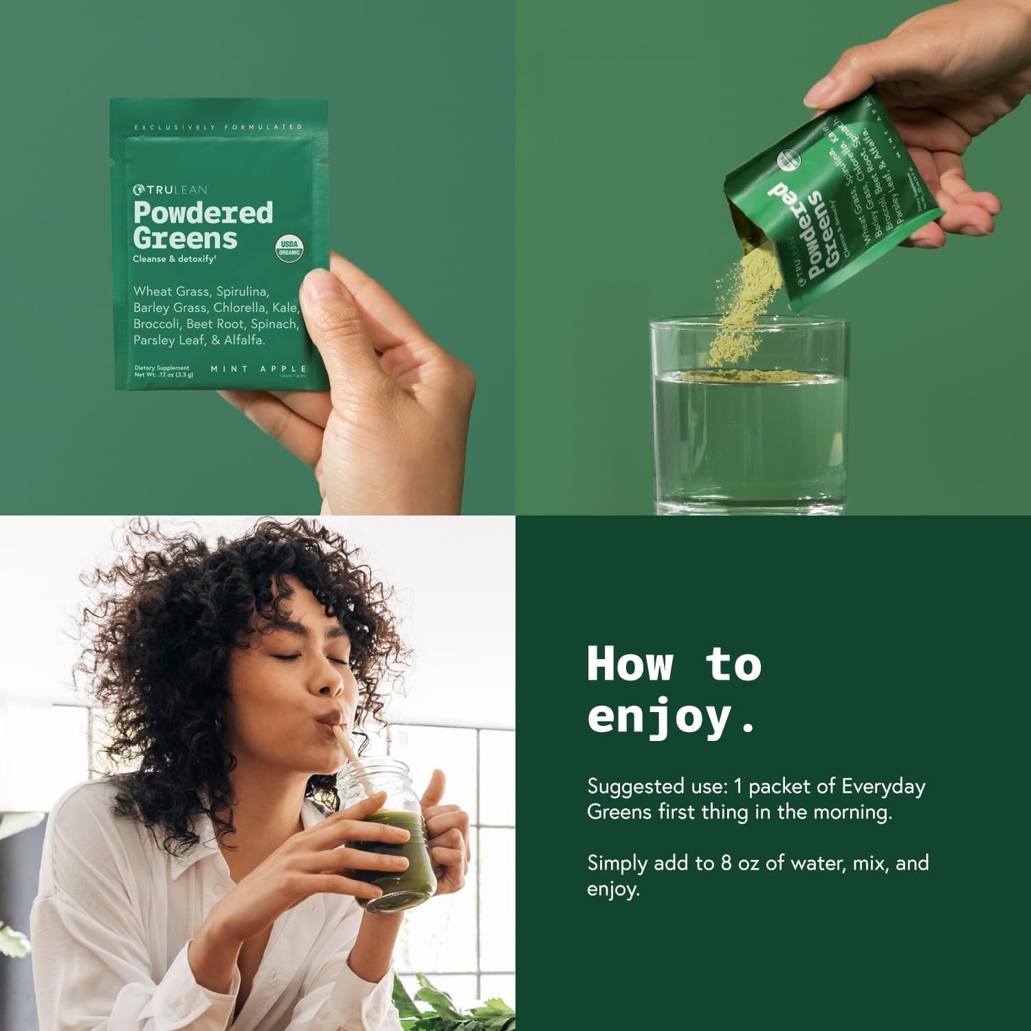 Organic Mint Apple Greens Powder Supplement - Vegan Superfood with Spirulina, Wheat Grass, Chlorella - Gluten Free, Zero Sugar - 30 Packets