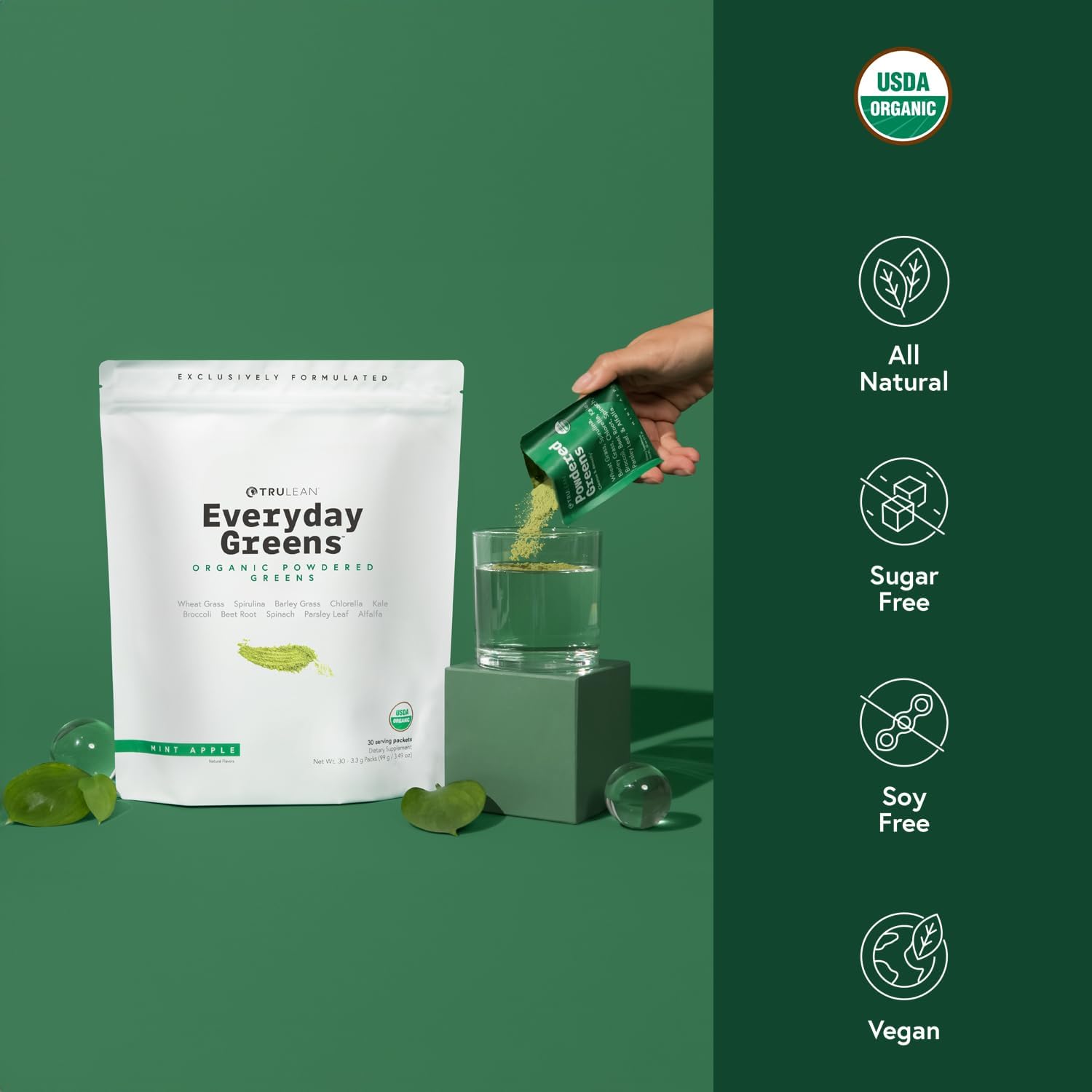 Organic Mint Apple Greens Powder Supplement - Vegan Superfood with Spirulina, Wheat Grass, Chlorella - Gluten Free, Zero Sugar - 30 Packets