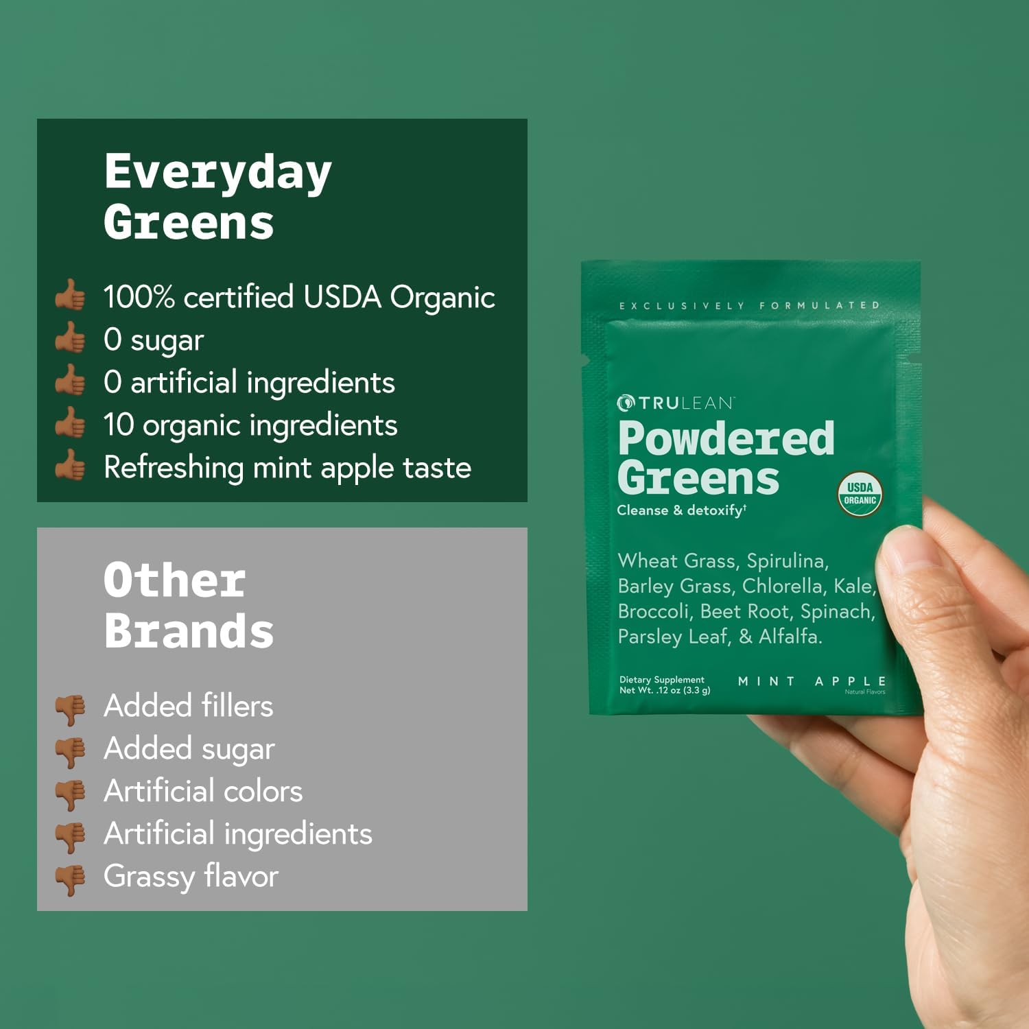 Organic Mint Apple Greens Powder Supplement - Vegan Superfood with Spirulina, Wheat Grass, Chlorella - Gluten Free, Zero Sugar - 30 Packets