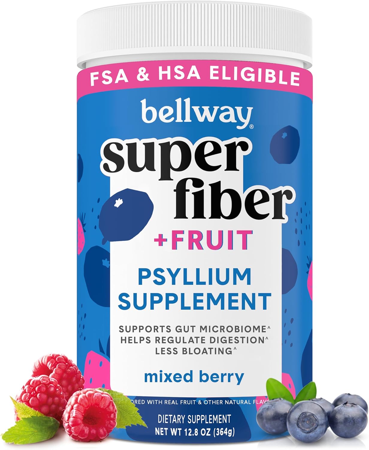Organic Mixed Berry Super Fiber Powder with Psyllium Husk for Gut Health & Regularity - Sugar Free, Non-GMO, Plant-Based Supplement (50 Servings)