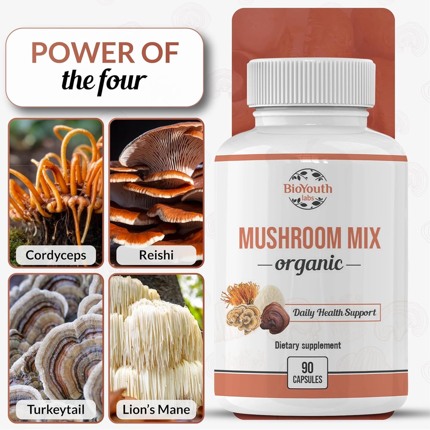 Organic Mixed Mushroom Capsules Supplement | Cordyceps Sinensis, Reishi, Lion's Mane, Turkey Tail | Immune Support & Vitality Boost | Non-GMO, Allergen-Free | 90 Capsules