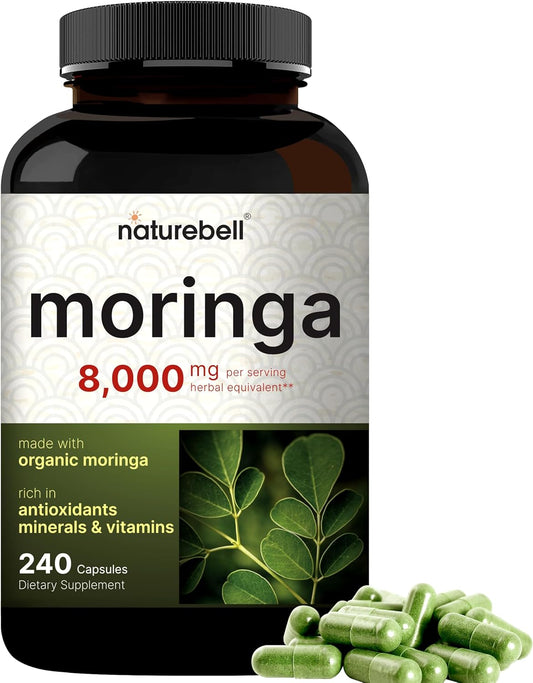 Organic Moringa Capsules 8000mg - 240 Capsules, Green Superfood for Skin & Immune Support | Non-GMO, Gluten Free - 4 Month Supply